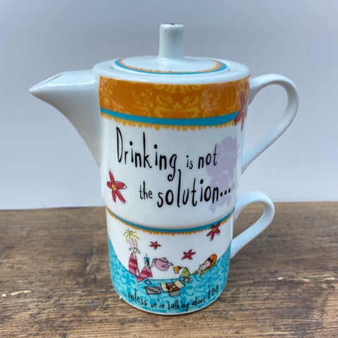 Johnson Bros Born To Shop Teapot/Tea Cup Combo - Drinking is not the solution